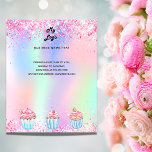 Prospectus 11,4 Cm X 14,2 Cm Logo de boulangerie pâtisserie holographique code<br><div class="desc">Personnalisez et ajoutez votre logo,  nom,  adresse,  votre texte,  votre propre code QR à votre compte instagram. Rosée,  violette,  or rose,  vert menthe,  fond holographique décoré de poussière de parties scintillant et de cupcakes.</div>