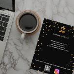 Prospectus 11,4 Cm X 14,2 Cm Logo de l'entreprise code qr instagram noir or éto<br><div class="desc">Un arrière - plan noir décoré d'étoiles dorées. Personnalisez et ajoutez votre logo,  nom,  adresse,  votre texte,  votre propre code QR à votre compte instagram.</div>
