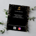 Prospectus 11,4 Cm X 14,2 Cm Logo de l'entreprise code qr instagram or noir<br><div class="desc">Un arrière - plan noir décoré avec de la poussière de parties scintillant en faux or. Personnalisez et ajoutez votre logo,  nom,  adresse,  votre texte,  votre propre code QR à votre compte instagram. AE</div>