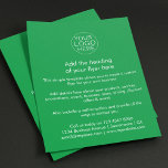 Prospectus 11,4 Cm X 14,2 Cm Logo d'entreprise | Personnalisé vert simple<br><div class="desc">Un simple modèle de prospectus d'entreprise en texte vert et blanc personnalisé dans un style simple et minimaliste qui peut être facilement modifié et mis à jour avec votre propre logo d'entreprise, les détails du produit, les prix et plus encore! Choisissez la taille du prospectus et le type de papier...</div>