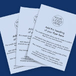 Prospectus 11,4 Cm X 14,2 Cm Logo d'entreprise | Simple bleu clair personnalisé<br><div class="desc">Un simple modèle de prospectus d'entreprise bleu clair personnalisé dans un style simple et minimaliste qui peut facilement être modifié et mis à jour avec votre propre logo d'entreprise, les détails du produit, les prix et plus encore! Choisissez la taille du prospectus et le type de papier dans le menu...</div>