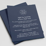 Prospectus 11,4 Cm X 14,2 Cm Logo d'entreprise | Simple Navy Blue Custom<br><div class="desc">Un simple modèle de prospectus d'affaires bleu marine et blanc personnalisé dans un style simple et minimaliste qui peut être facilement modifié et mis à jour avec votre propre logo d'entreprise, les détails du produit, les prix et plus encore! Choisissez la taille du prospectus et le type de papier dans...</div>
