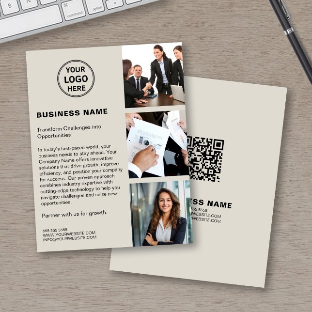 Prospectus 11,4 Cm X 14,2 Cm Logo personnalisé Photo QR Entreprise moderne (Custom Logo Photo QR Modern Corporate Business Flyer)