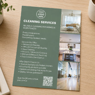 Prospectus 11,4 Cm X 14,2 Cm Logo photo QR vert sauge pour services de nettoyag