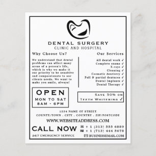 Prospectus 11,4 Cm X 14,2 Cm Logo pour dents noir et blanc Dentistère, Advert p