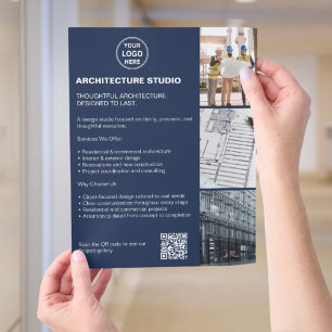 Prospectus 11,4 Cm X 14,2 Cm Logo QR Blue pour Entreprise d'Architecture Modern