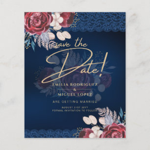 Prospectus 11,4 Cm X 14,2 Cm Mariage en dentelle florale bordeaux bleu marine m