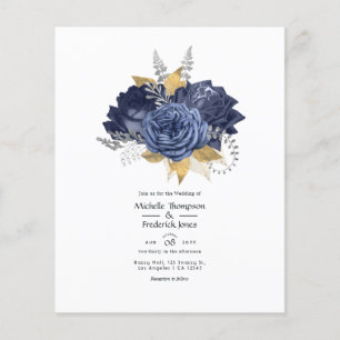 Prospectus 11,4 Cm X 14,2 Cm Mariage Floral Bleu Nuit, Or et Argent