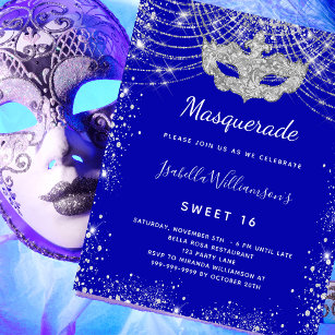 Prospectus 11,4 Cm X 14,2 Cm Mascarade bleu royal Sweet 16 invitation budget