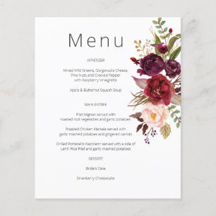 Prospectus 11,4 Cm X 14,2 Cm Menu Budget Bourgogne Marsala & Pink Floral - Blan