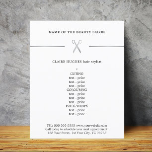 Prospectus 11,4 Cm X 14,2 Cm Menu de coiffeur minimaliste faux ciseaux argentés