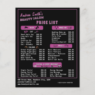 Prospectus 11,4 Cm X 14,2 Cm Menu de Prix des Services de Salon Moderne Noir Él