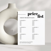 Menu de salon de beauté minimaliste noir et blanc