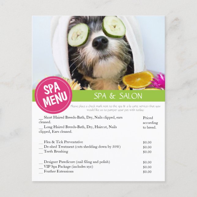 Prospectus 11,4 Cm X 14,2 Cm Menu des services Spas de chien Grooming (Devant)