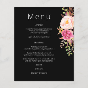Prospectus 11,4 Cm X 14,2 Cm Menu floral à fleurs roses et blush - Noir