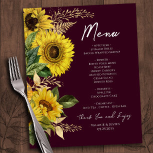Prospectus 11,4 Cm X 14,2 Cm Menu Mariage de tournesols rustiques