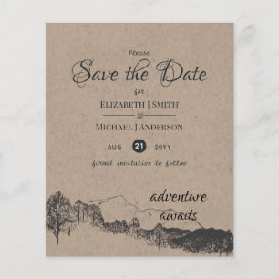 Prospectus 11,4 Cm X 14,2 Cm Montagnes Rustiques Sauvez la date Aventure Attend