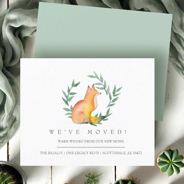 Prospectus 11,4 Cm X 14,2 Cm Moteur Faire-part Flyer aquarelle Fox (moving announcement watercolor fox laurel wreath greenery art by Victoria Grigaliunas)