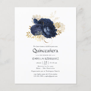 Prospectus 11,4 Cm X 14,2 Cm Navy Blue and Gold Vintage Rose Quinceañera Invite