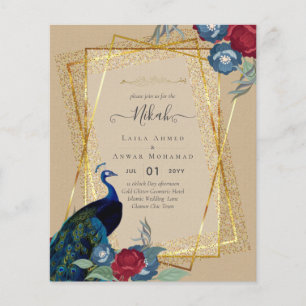 Prospectus 11,4 Cm X 14,2 Cm NIKAH Peacock Floral Gold Frame Mariage islamique