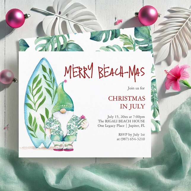 Prospectus 11,4 Cm X 14,2 Cm Noël en juillet Flyers Modèle Surf Thème (Christmas in July Flyers template features watercolor surfboard and beach Santa Victoria Grigaliunas)