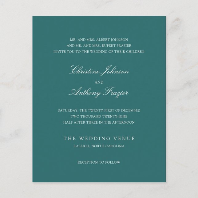 Prospectus 11,4 Cm X 14,2 Cm Old Money Teal Classic Wedding Invite (Devant)