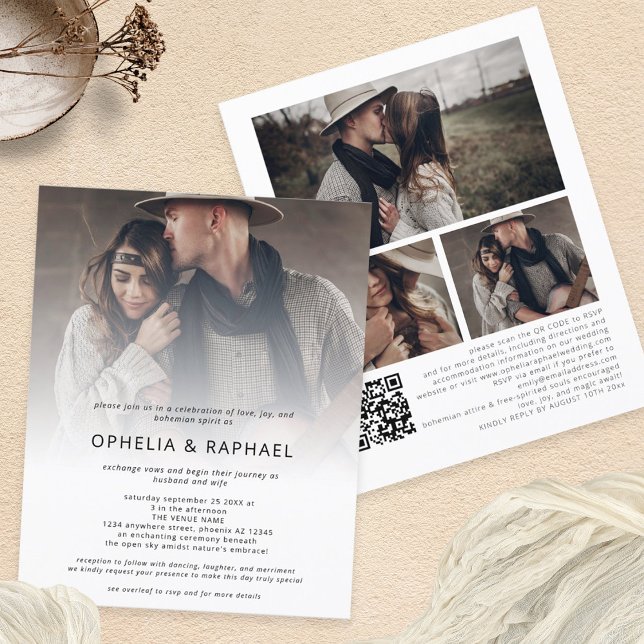 Prospectus 11,4 Cm X 14,2 Cm PAPIER 4 Photos superposer QR Code Mariage de Bohê (Front and back view)