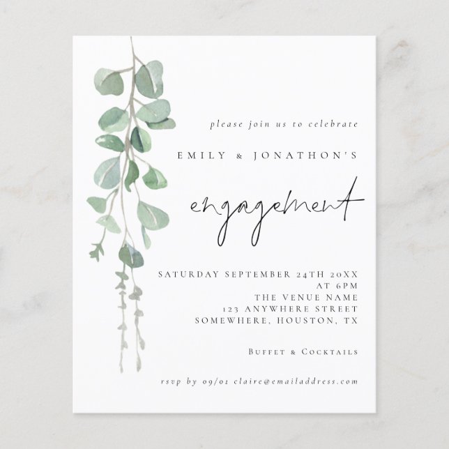 Prospectus 11,4 Cm X 14,2 Cm PAPIER | Eucalyptus Script Engagement Invitation d (Devant)