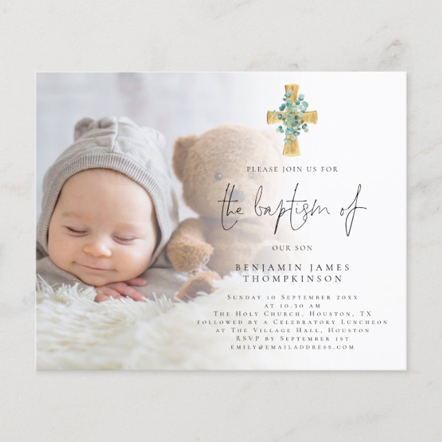 Prospectus 11,4 Cm X 14,2 Cm PAPIER | Photo Eucalyptus Cross Baptism Invitation (Devant)