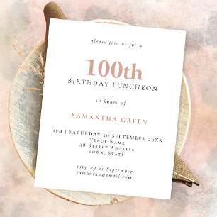 Prospectus 11,4 Cm X 14,2 Cm PAPIER Simple Texte Blush 100e Invitation annivers