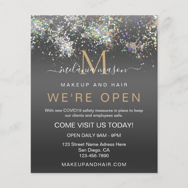 Prospectus 11,4 Cm X 14,2 Cm Parties scintillant Holographique Nous sommes Open (Devant)