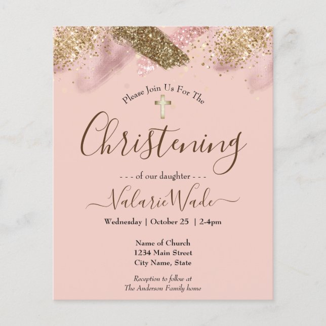 Prospectus 11,4 Cm X 14,2 Cm Parties scintillant rose Budget Christening Flyer (Devant)