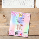 Prospectus 11,4 Cm X 14,2 Cm Pastry shop bakery logo holographic qr code<br><div class="desc">Personalize and add your business logo,  name,  address,  your text,  your own QR code to your instagram account. Blush pink,  purple,  rose gold,  mint green,  holographc bacground decorated with faux glitter dust and cupcakes.  
Back: add your  text,  photo,  qr code to your Instagram account.</div>