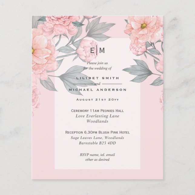 Prospectus 11,4 Cm X 14,2 Cm Peach PEONIES Lilac Mariage Inviter BUDGET (Devant)