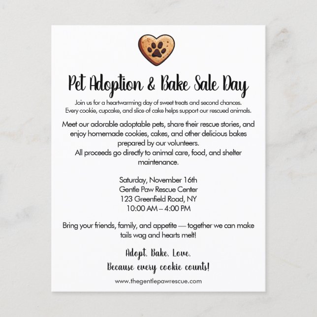 Prospectus 11,4 Cm X 14,2 Cm Pet Adoption Bake Sale Fundraiser (Devant)