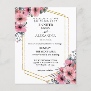 Prospectus 11,4 Cm X 14,2 Cm Pink Floral Budget Mariage chic "Invitation"