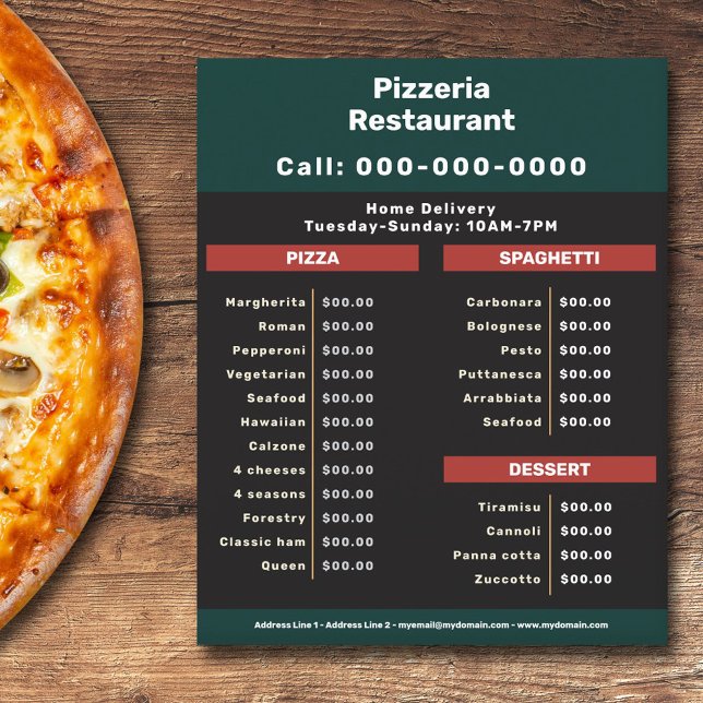 Prospectus 11,4 Cm X 14,2 Cm Pizzeria Restaurant Menu & Tarifs Flyer (Pizzeria Restaurant Menu & Price List Flyer)
