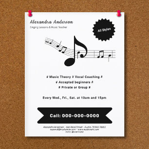 Prospectus 11,4 Cm X 14,2 Cm Professeur de musique simple, noir et blanc
