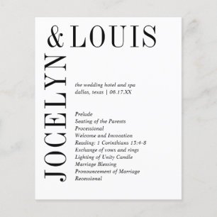 Prospectus 11,4 Cm X 14,2 Cm Programme de mariage moderne noir et blanc gras
