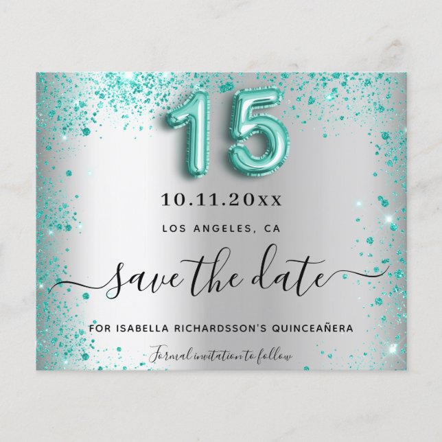 Prospectus 11,4 Cm X 14,2 Cm Quinceanera argent budget turquoise enregistrer la (Devant)