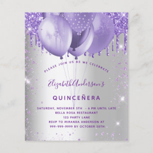 Prospectus 11,4 Cm X 14,2 Cm Quinceanera argent violet invitation budget