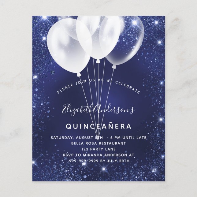 Prospectus 11,4 Cm X 14,2 Cm Quinceanera bleu marine ballon invitation budget (Devant)