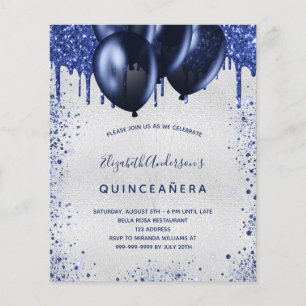 Prospectus 11,4 Cm X 14,2 Cm Quinceanera marine bleu argent budget invitation