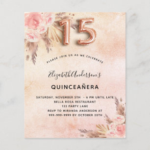Prospectus 11,4 Cm X 14,2 Cm Quinceanera pampas herbe rose budget invitation