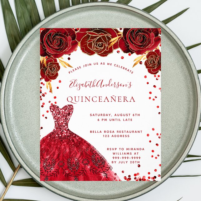 Prospectus 11,4 Cm X 14,2 Cm Quinceanera rouge blanc robe invitation budget (Créateur téléchargé)
