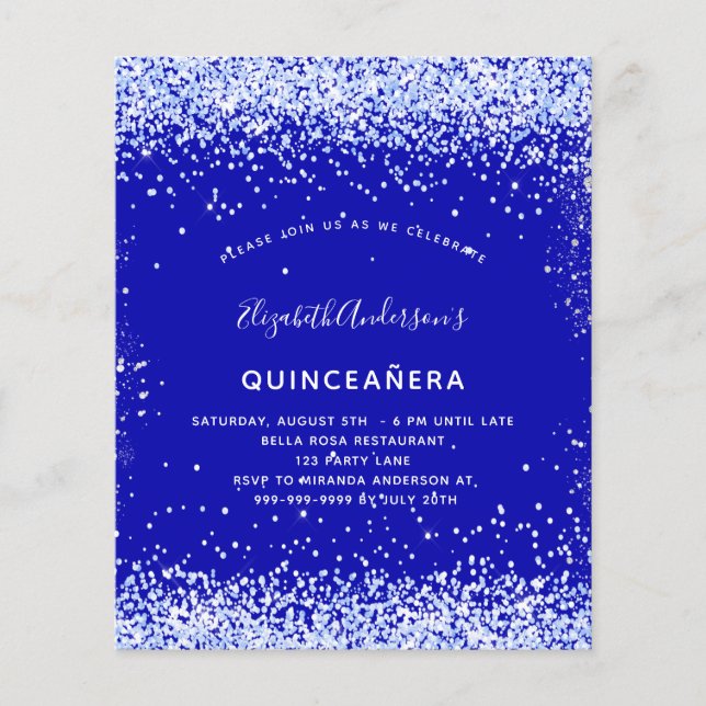 Prospectus 11,4 Cm X 14,2 Cm Quinceanera royal bleu blanc budget invitation (Devant)