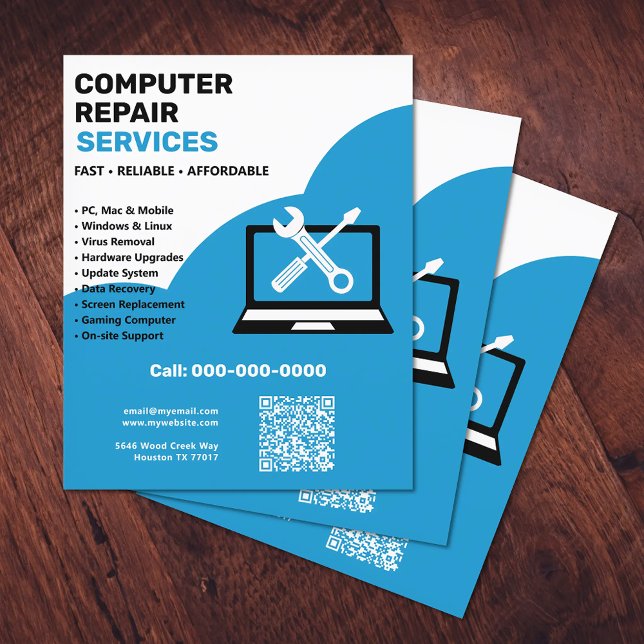 Prospectus 11,4 Cm X 14,2 Cm Réparation d'ordinateurs (Computer Repair Flyer)