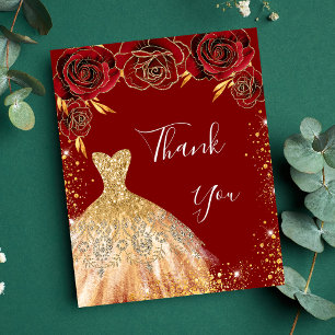 Prospectus 11,4 Cm X 14,2 Cm Robe rouge or fleuri anniversaire merci