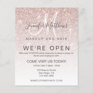 Prospectus 11,4 Cm X 14,2 Cm Rose Gold Glitter We're Open Salon COVID Safe