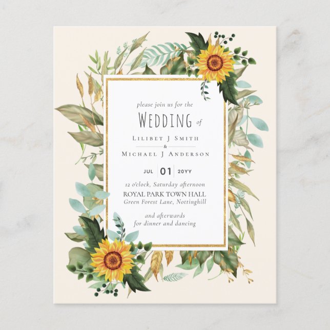 Prospectus 11,4 Cm X 14,2 Cm Rustique BOHO Sunflowers Mariage de verdure (Devant)